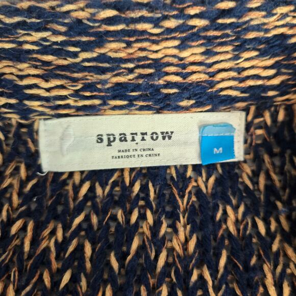 Anthropologie Sparrow Knit Cardigan M Navy Tan Fringe Boho Sweater with Pockets - Picture 5 of 13